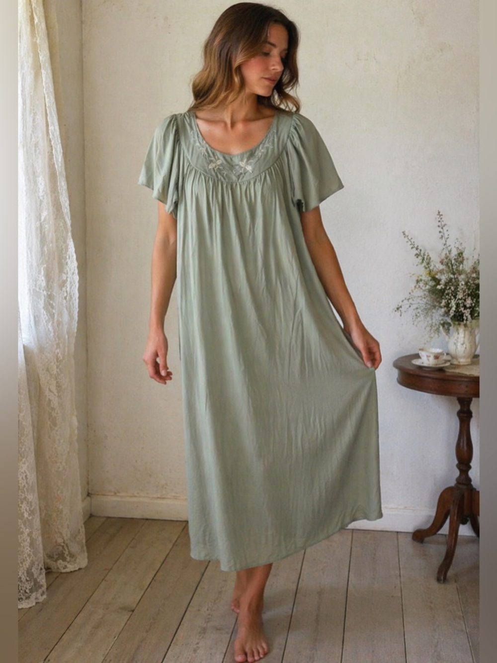 Vintage Miss Elaine Nightgown Sage Green Embroidered Yoke Sleep 1X